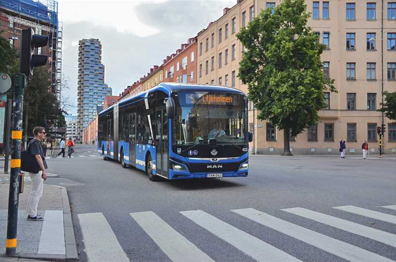 4 - A MAN Lion's City bus operating in Stockholm, Sweden, identifiable by its blue and white livery and the line 5 destination sign